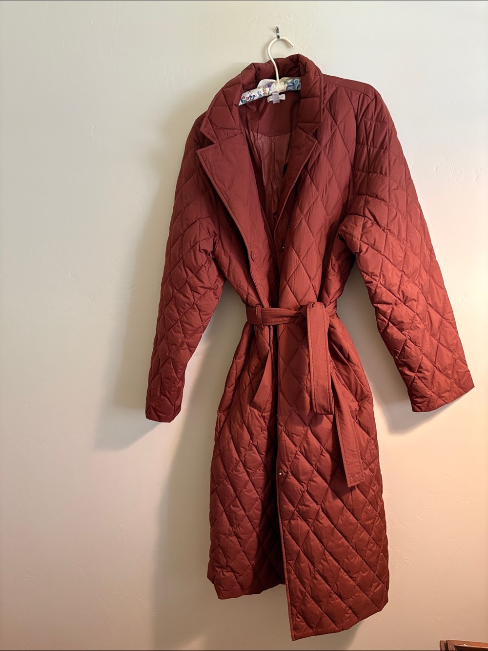 Garnet Hill long quilted rust color coat w belt snap closure szxl